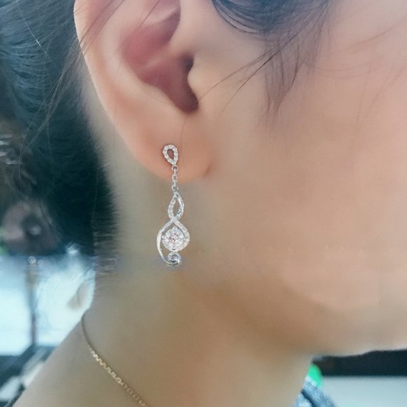 NEW Silver Round Diamond Drop Swirl Earrings - Picture 2 of 6